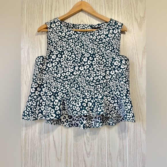 Zara Teal And Cream Leopard Print Sleeveless Peplum Top Size L EUC - Picture 3 of 4